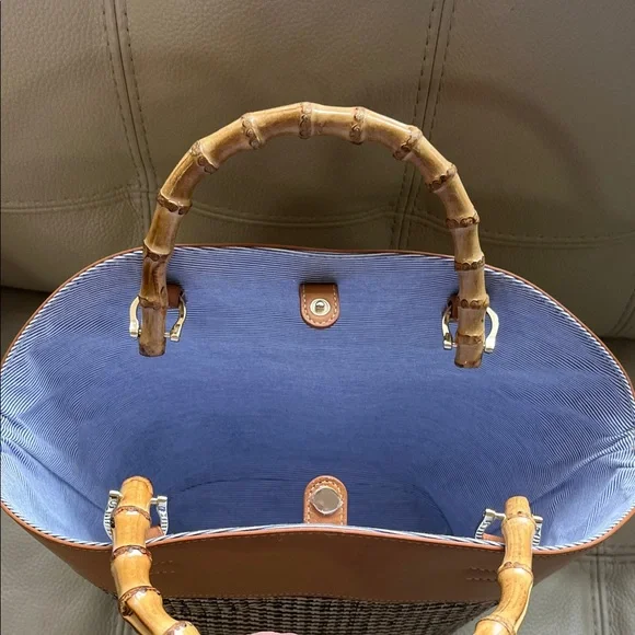 J McLaughlin Elpis Woven Straw Handbag Bamboo Handles Leather Upper Trim. - Picture 11 of 13